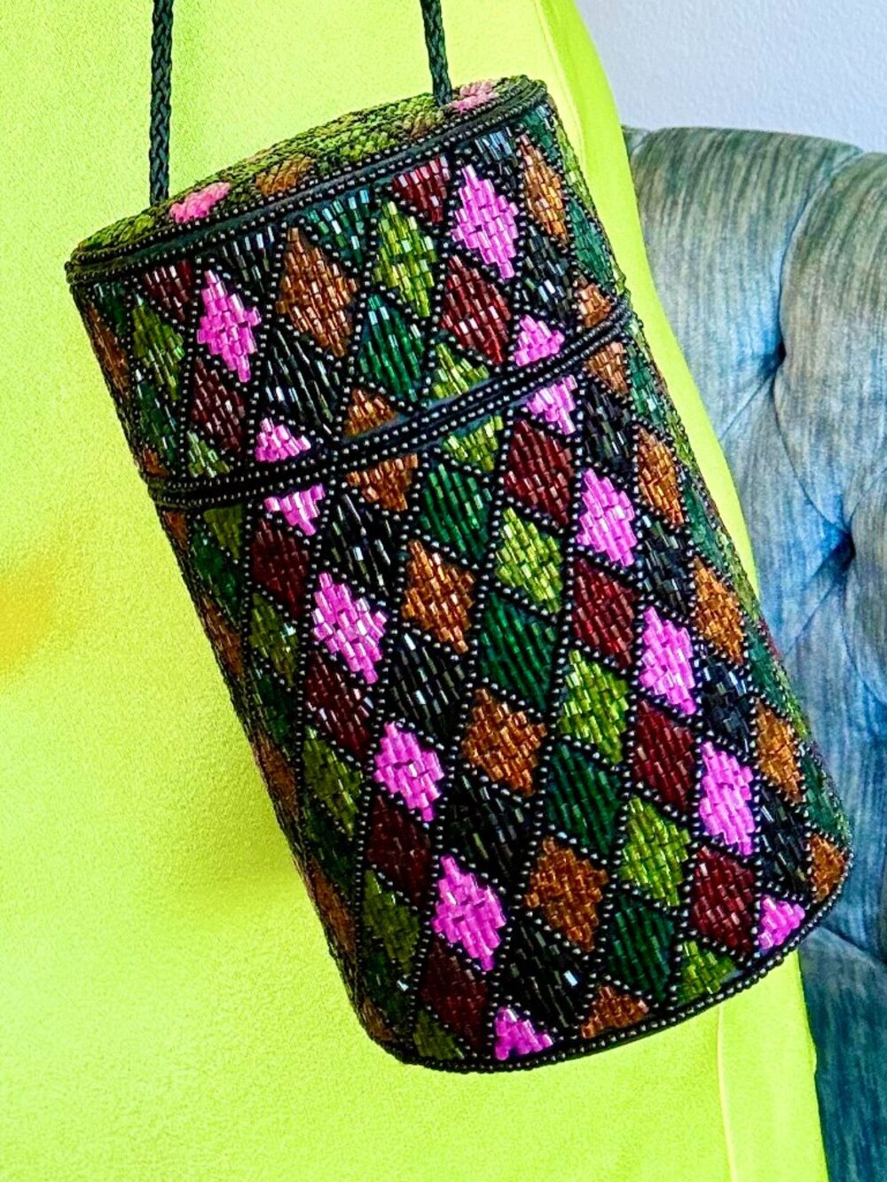 Bob Mackie Cylinder Box Purse Beaded Crossbody Harlequin Evening Bag